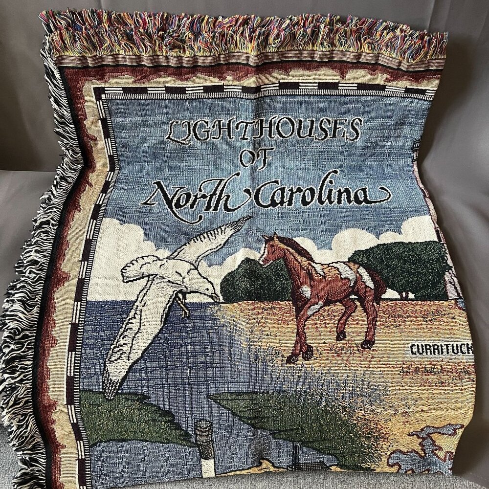 Lighthouses Of North Carolina Tapestry Throw Blanket With Coastal Design Fringed